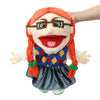 A plush toy of Jeffy featuring orange hair, glasses, and a wide smile, with a hand holding it.