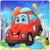 A jigsaw puzzle of a red cartoon car with large eyes and white fluffy clouds on a blue background.