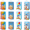 A set of blue balloon party decorations featuring circus clowns and colorful confetti for a children's birthday.