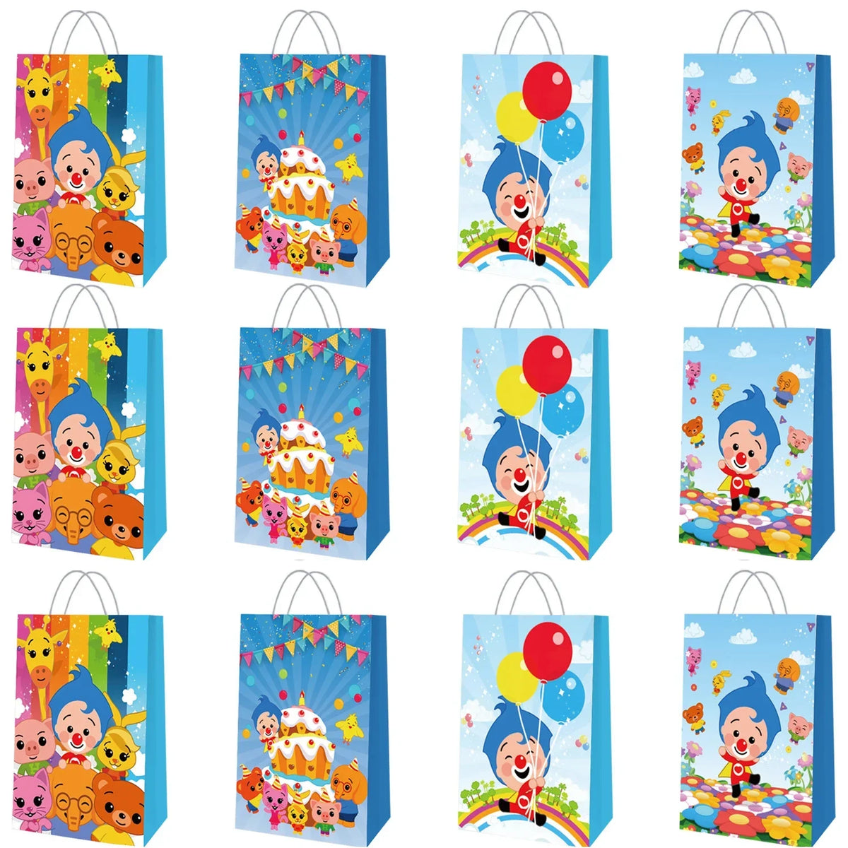 A set of blue balloon party decorations featuring circus clowns and colorful confetti for a children's birthday.