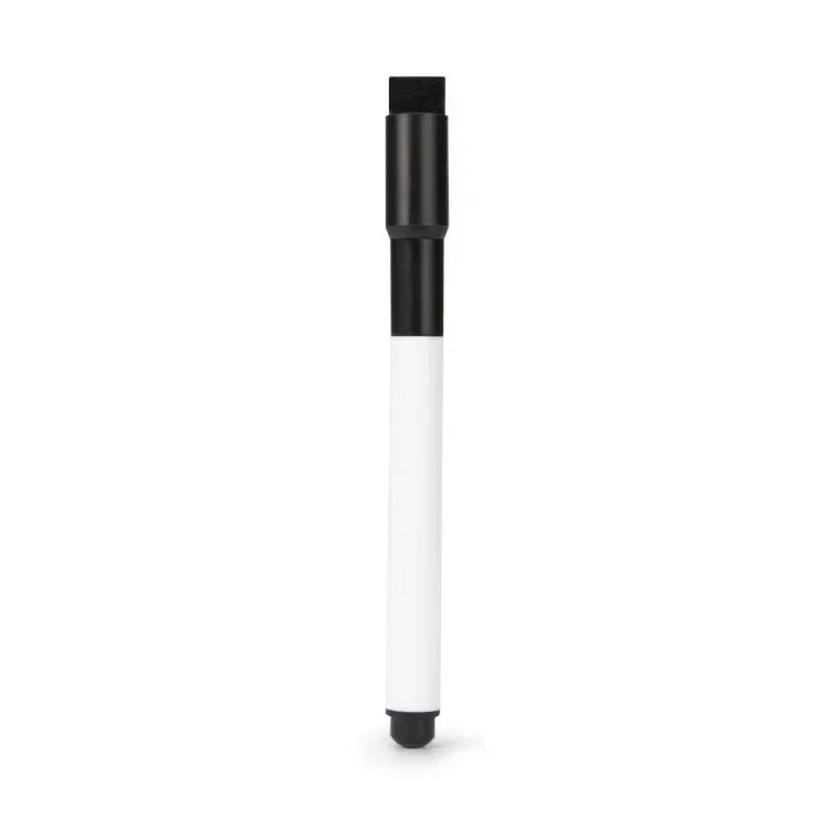 A white flexible magnetic dry erase board with a black cap.