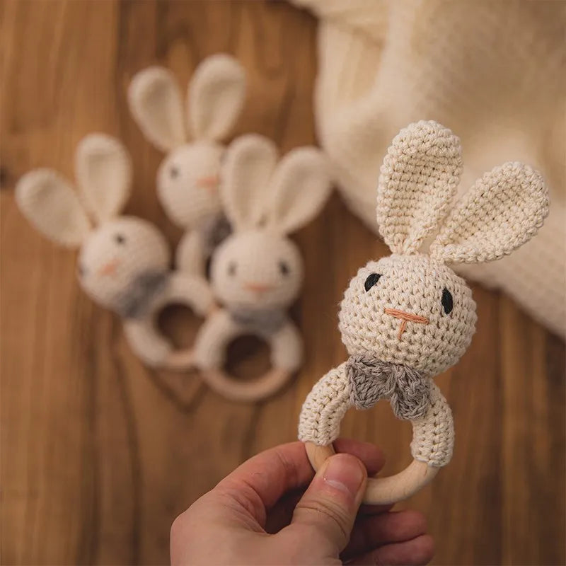 Crochet Bunny Rattle & Teether Toy with Wooden Ring