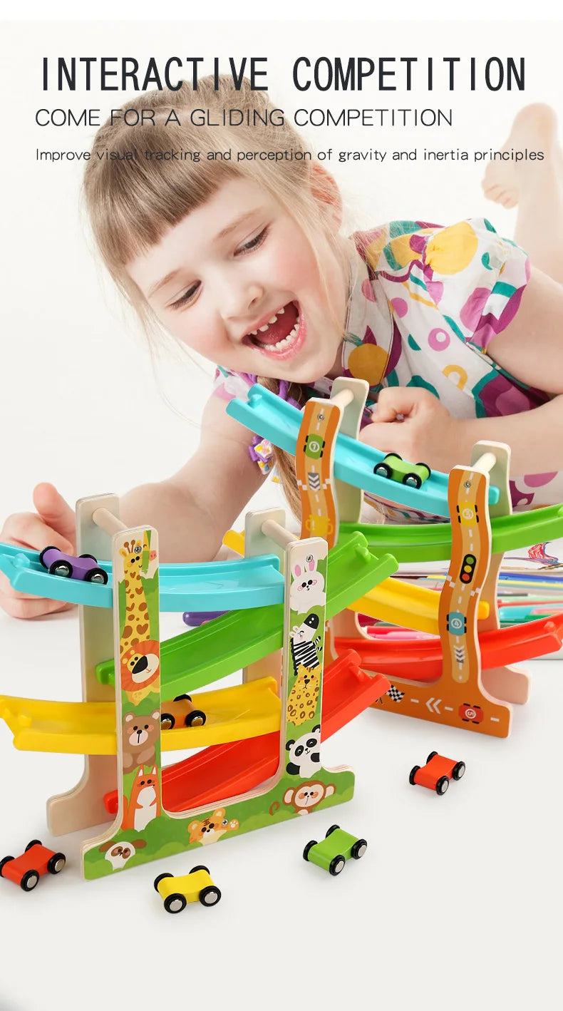 A young girl is playing with a wooden inertia race track toy set featuring various colored vehicles.