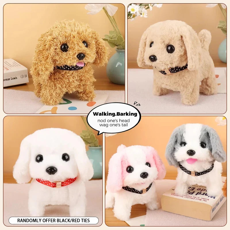 A collection of electric plush puppy toys demonstrating walking, nodding, and wagging tails.