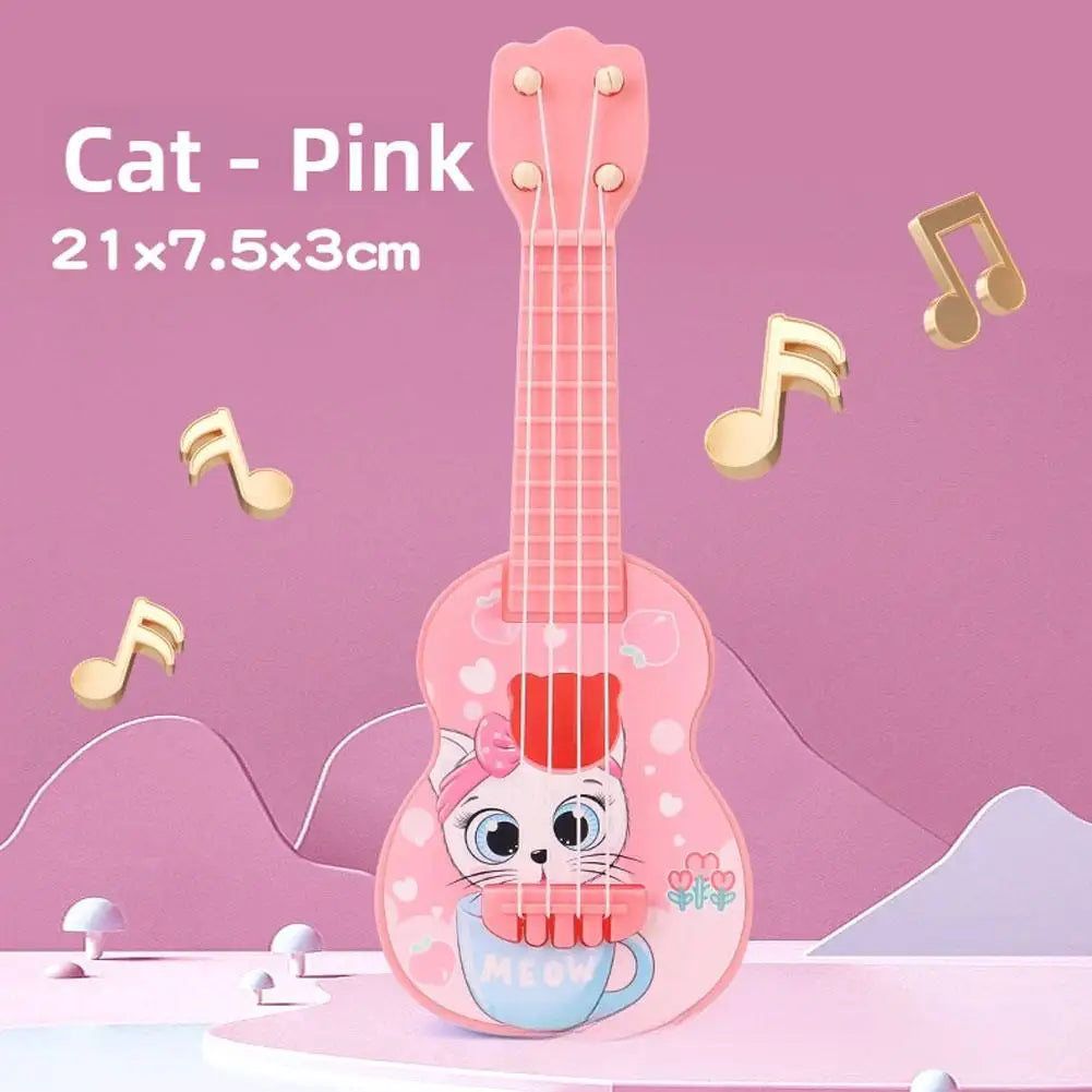Pink ukulele toy featuring a cat design and musical notes floating around it.