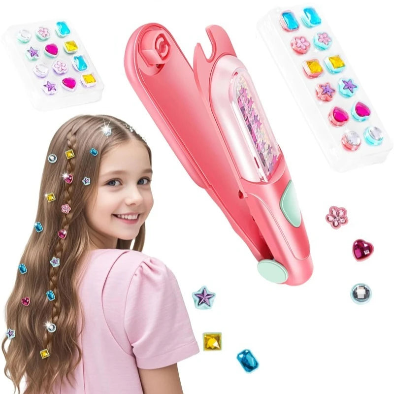 A young girl is smiling while holding a pink hair gem stamper kit and a pink hair styling tool with gems.