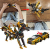 A yellow and black transforming dinosaur car toy is shown in various forms, including a vehicle and a dinosaur figure.