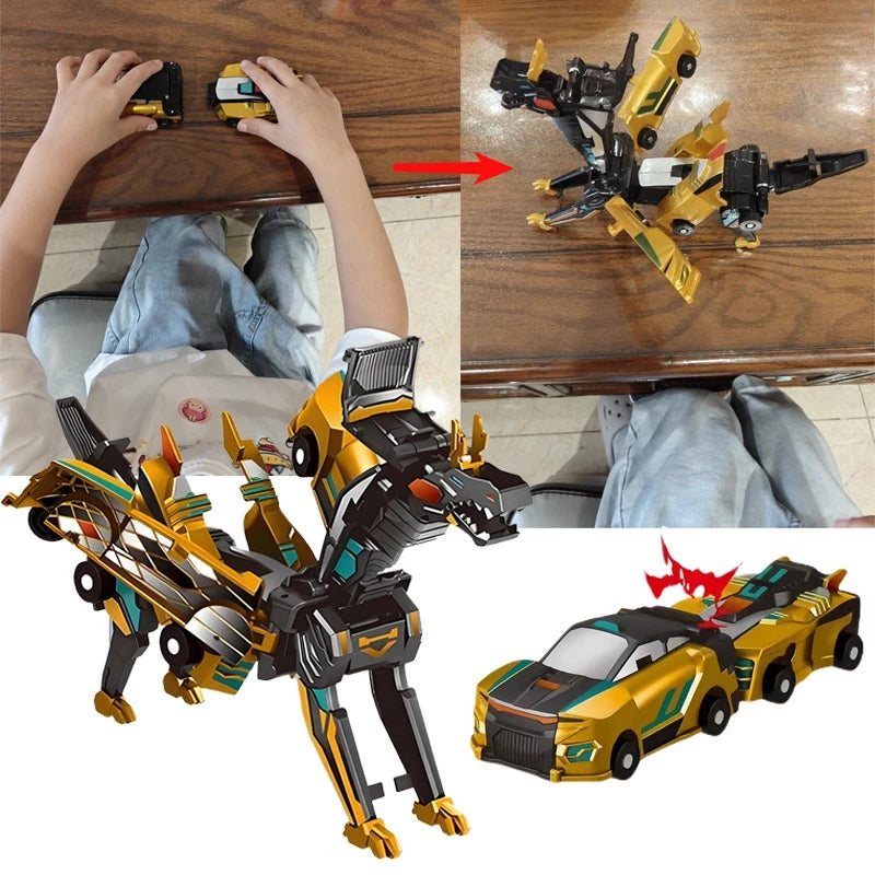 A yellow and black transforming dinosaur car toy is shown in various forms, including a vehicle and a dinosaur figure.