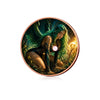 A challenge coin featuring a female fantasy witch with green hair and wings surrounded by mystical elements.