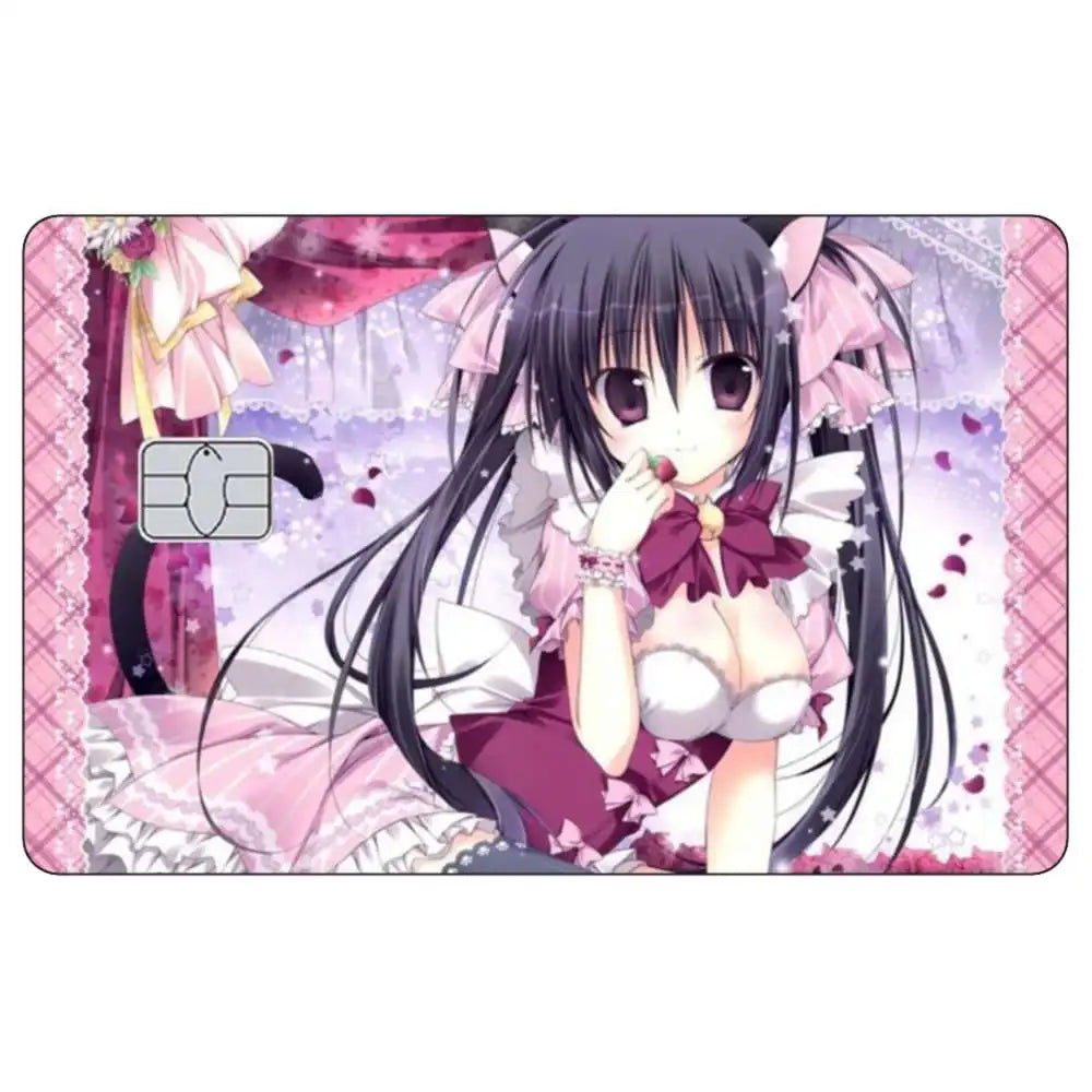 Anime girl with black hair and pink accents in a magical style on a credit card skin sticker.