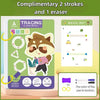 A set of tracing workbook with two strokes and one eraser, featuring a character illustration and drawing lines.