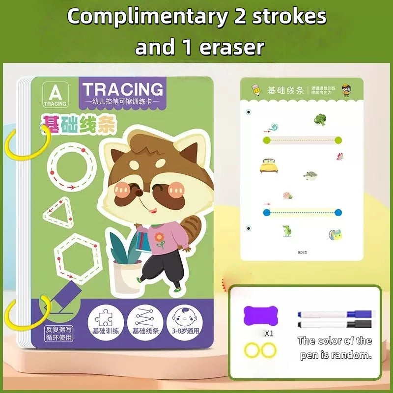 A set of tracing workbook with two strokes and one eraser, featuring a character illustration and drawing lines.