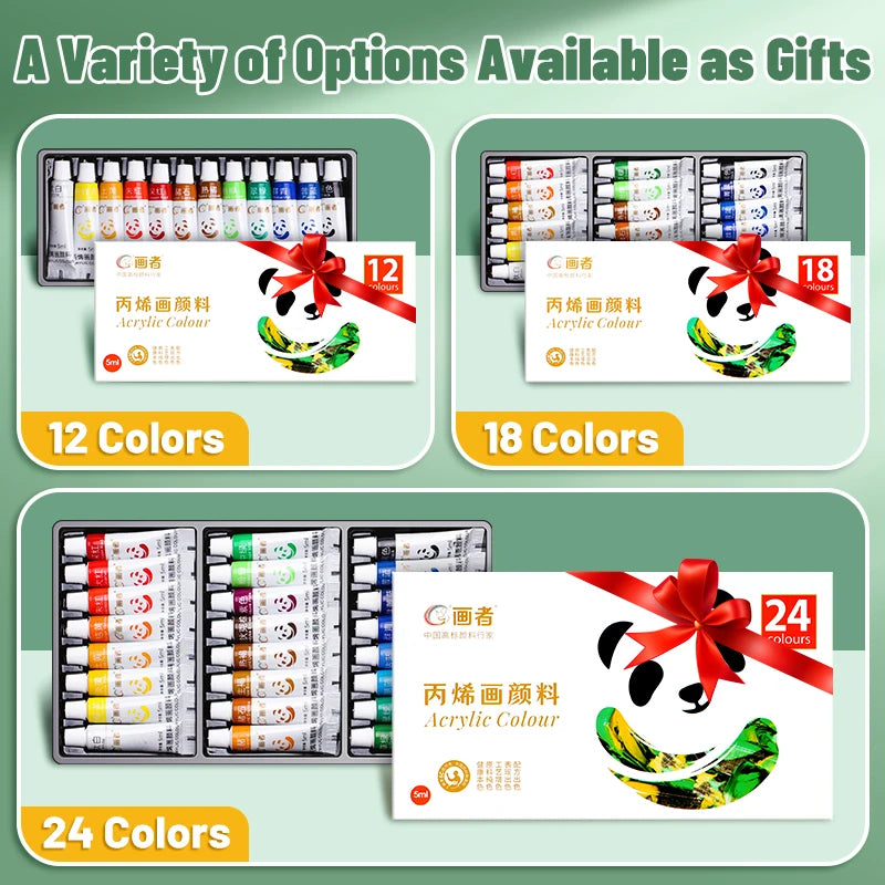 A variety of compact acrylic paint sets available in 12, 18, and 24 colors for artists and crafters
