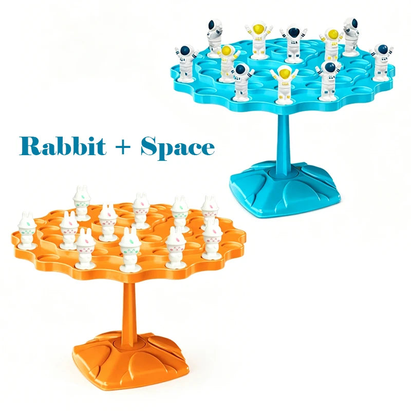 A set of frog balance tree math game pieces in orange and blue plastic.