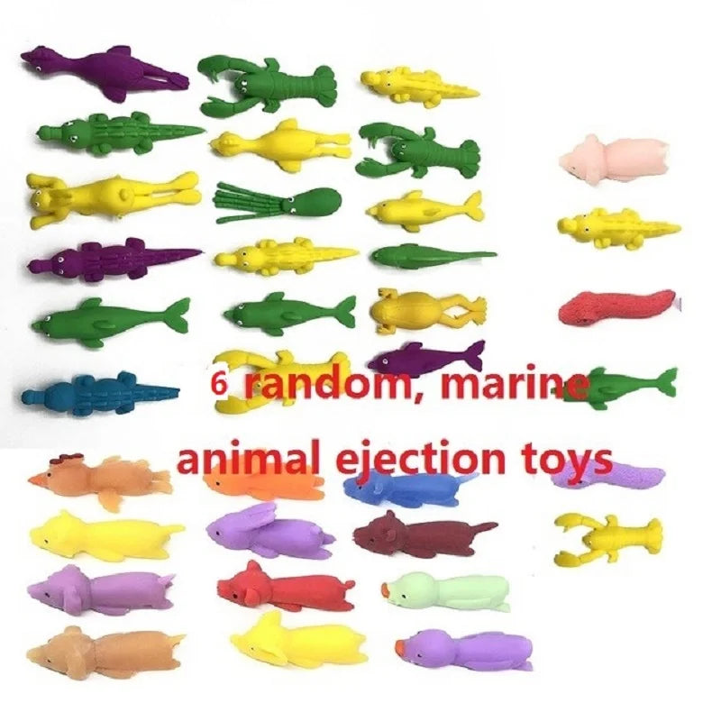 A collection of colorful stretchy rubber chicken slingshot fidget toys in various shapes and colors.