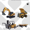 A yellow mini 2.4G remote control engineering vehicle set featuring a forklift and excavator cart push.