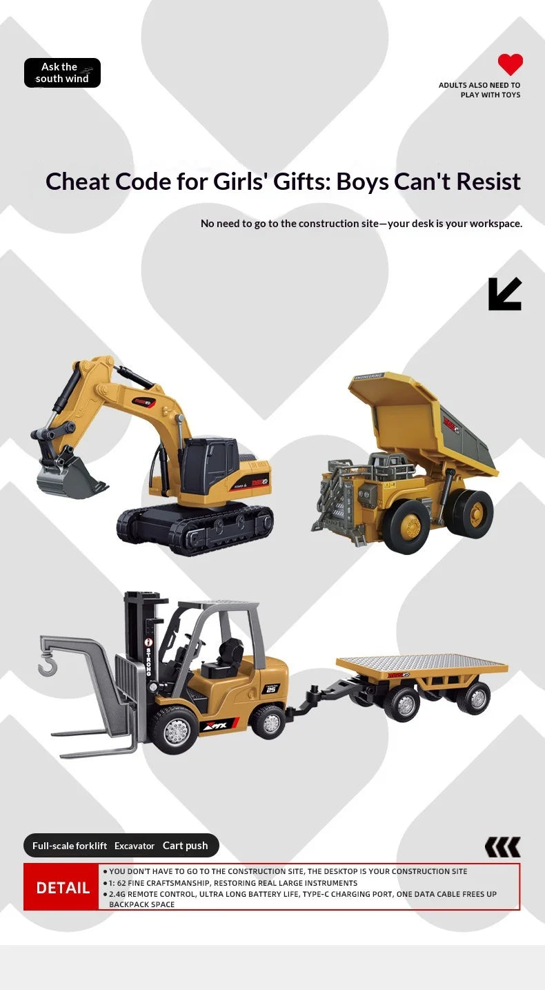 A yellow mini 2.4G remote control engineering vehicle set featuring a forklift and excavator cart push.