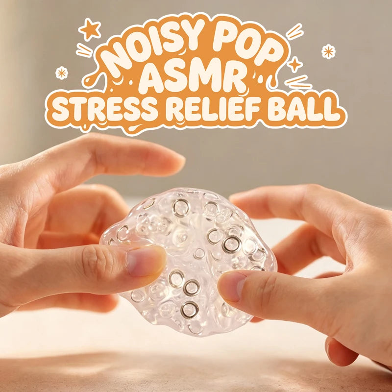 Hands hold a clear, bubbly stress relief ball for ASMR and stress relief.