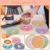 An 8-piece diamond painting coaster set featuring various drink designs like espresso, tequila, and champagne on colorful til