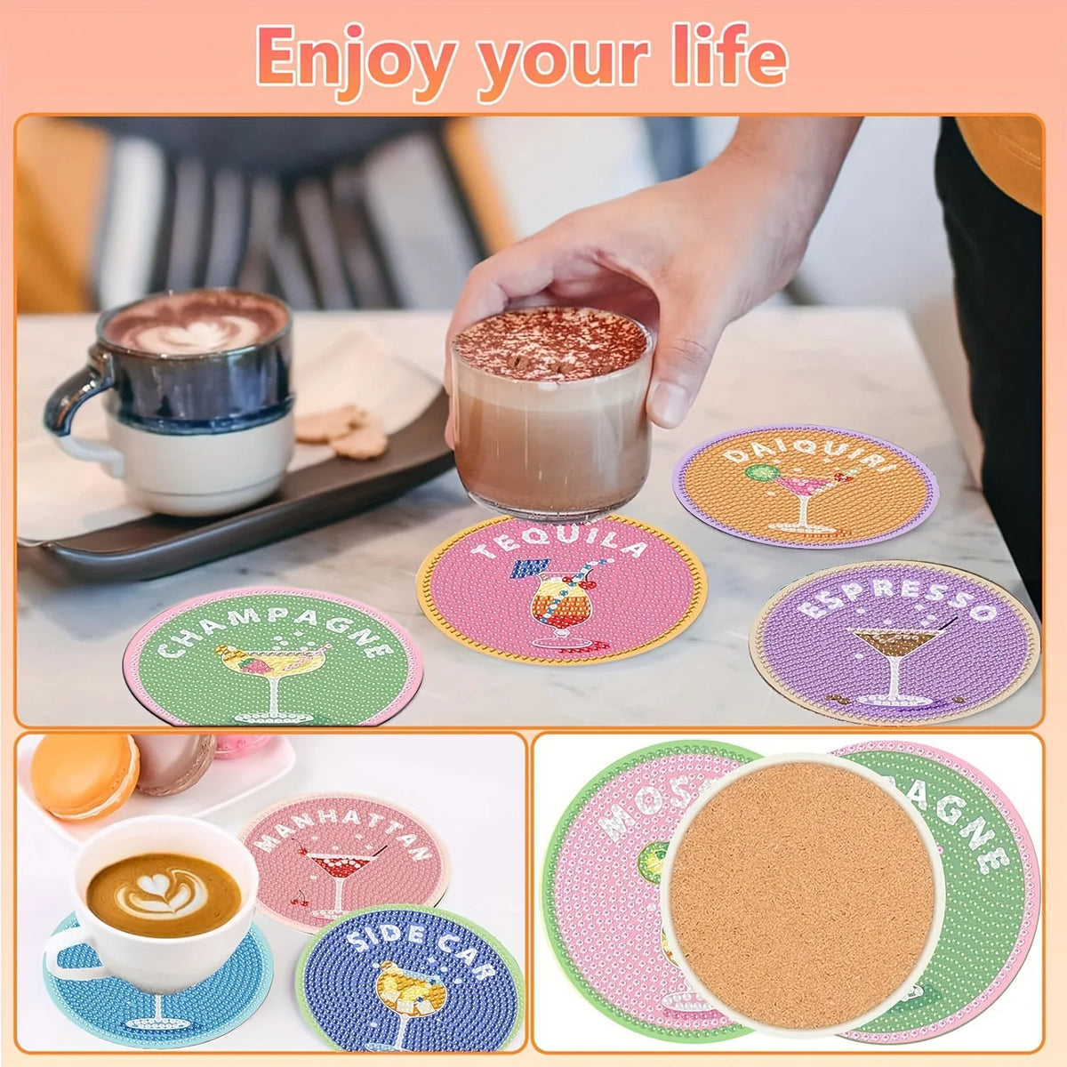 An 8-piece diamond painting coaster set featuring various drink designs like espresso, tequila, and champagne on colorful til