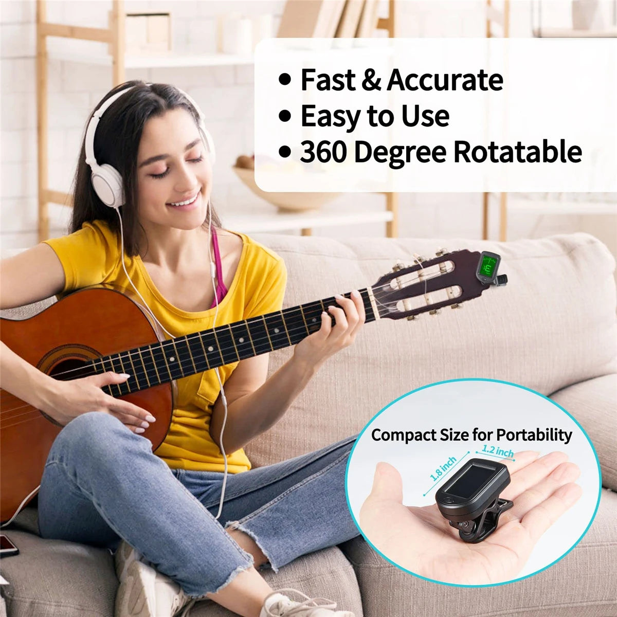 A woman plays a guitar while using a compact clip-on tuner for tuning.