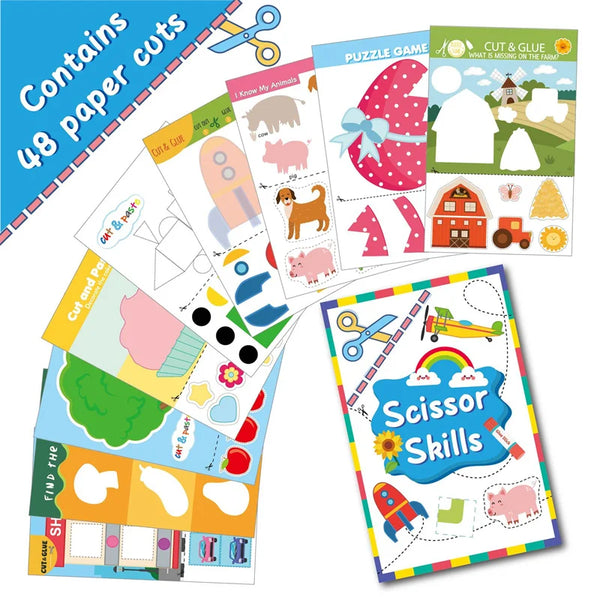 A colorful DIY paper cutting book for kids showing various craft activities and puzzles.