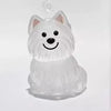 A clear, dog-shaped pet hair keepsake keychain with floppy ears and a smiling expression.