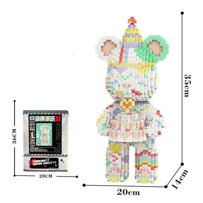 A colorful 3D bear building kit made of micro diamond blocks with a crown and various patterns.