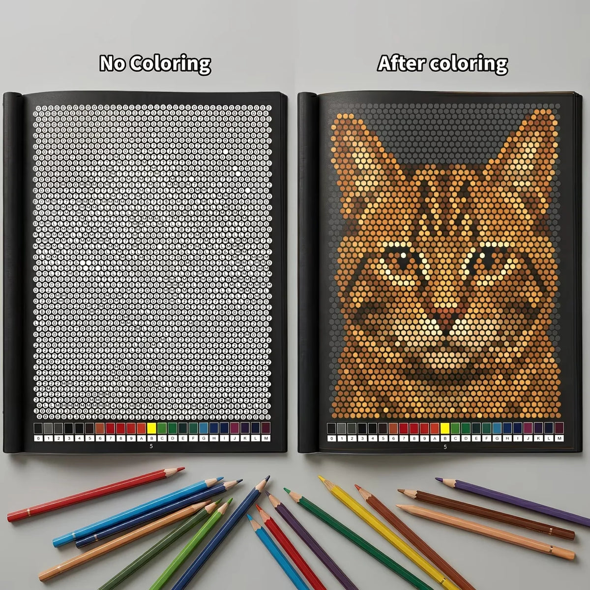 A comparison showing a black and white pixel art book before and after coloring, featuring a detailed cat illustration.