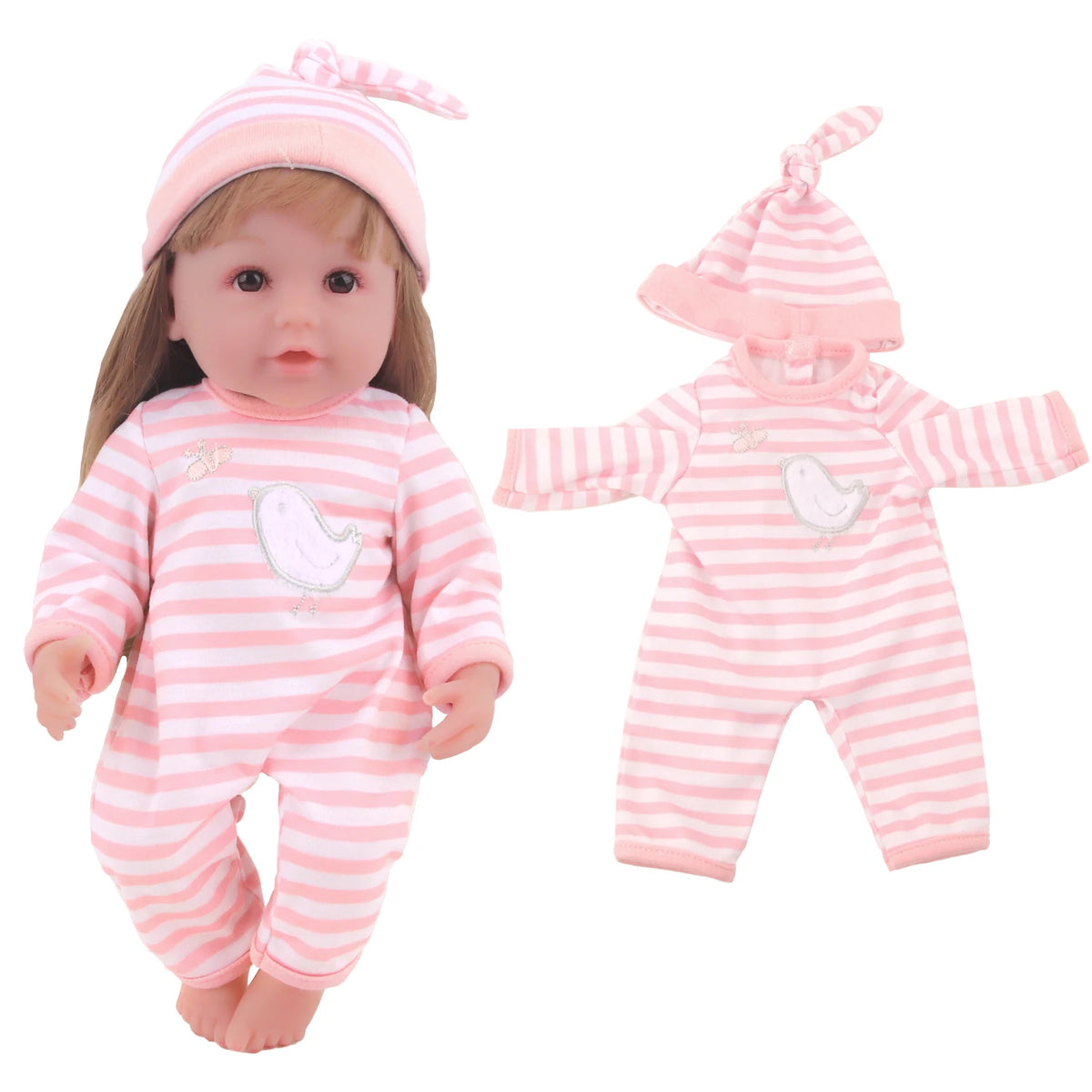 A pink striped cotton outfit for a baby doll with a matching pink headband.
