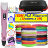 A pink 3D printing pen with an LCD display and a black carrying case, surrounded by various colored PLA filaments.