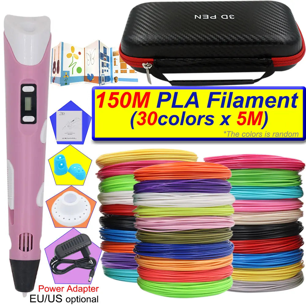 A pink 3D printing pen with an LCD display and a black carrying case, surrounded by various colored PLA filaments.