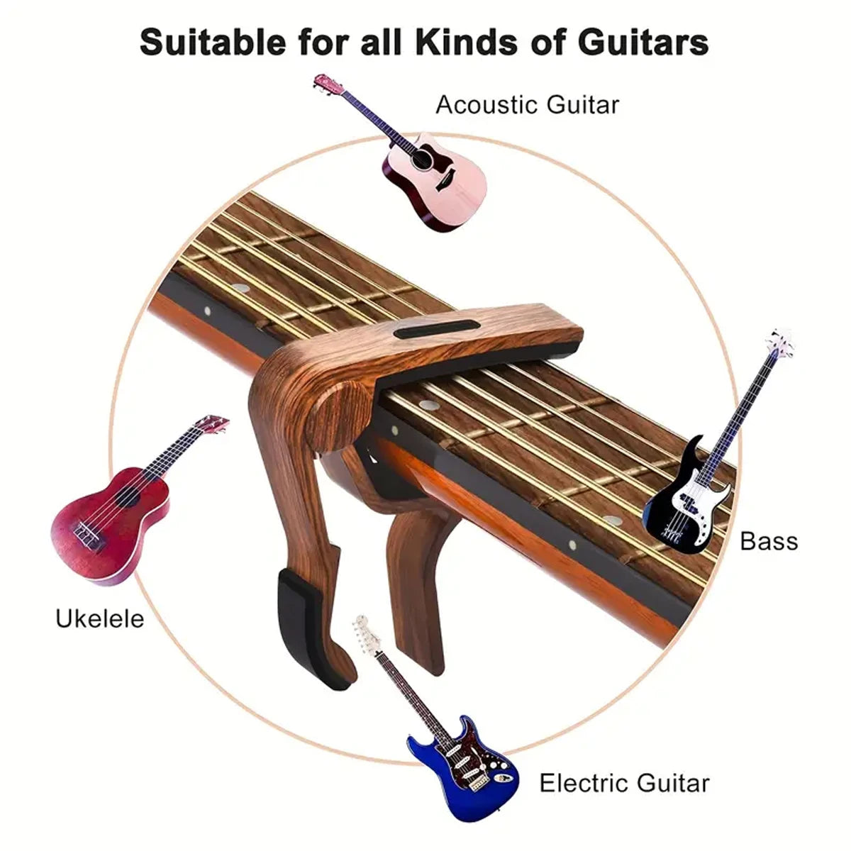Zinc Alloy Guitar Capo with 5 Celluloid Picks — Fits Acoustic, Electric, Classical, and Ukulele