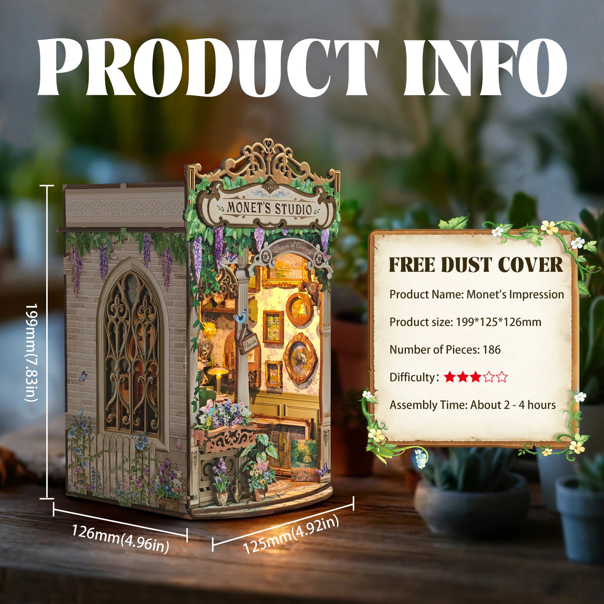 A wooden miniature kit of Monet's Studio featuring an ornate facade and detailed interior scenes.