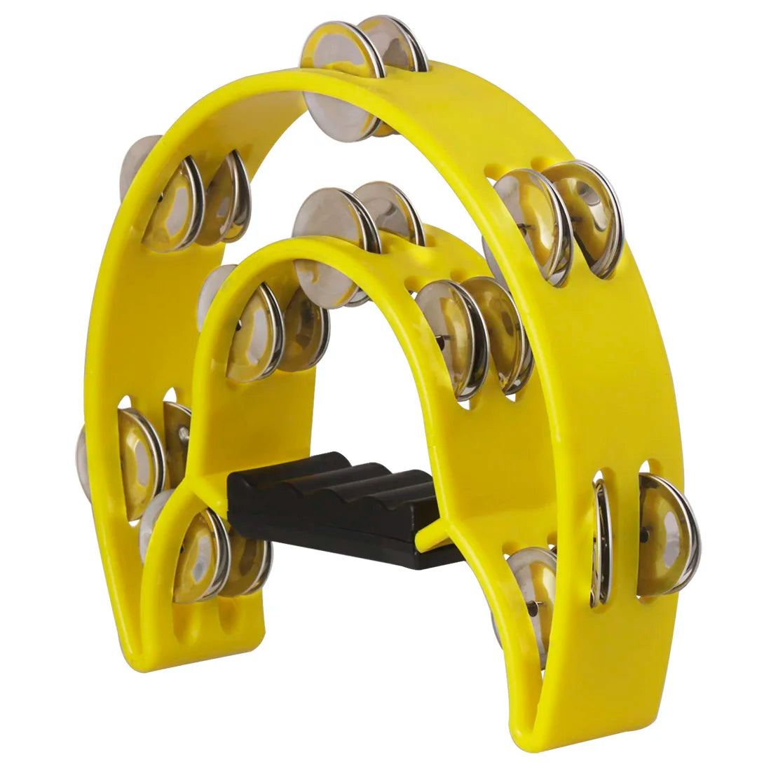 Yellow double-layer tambourine for kids with metal jingles and a black grip.