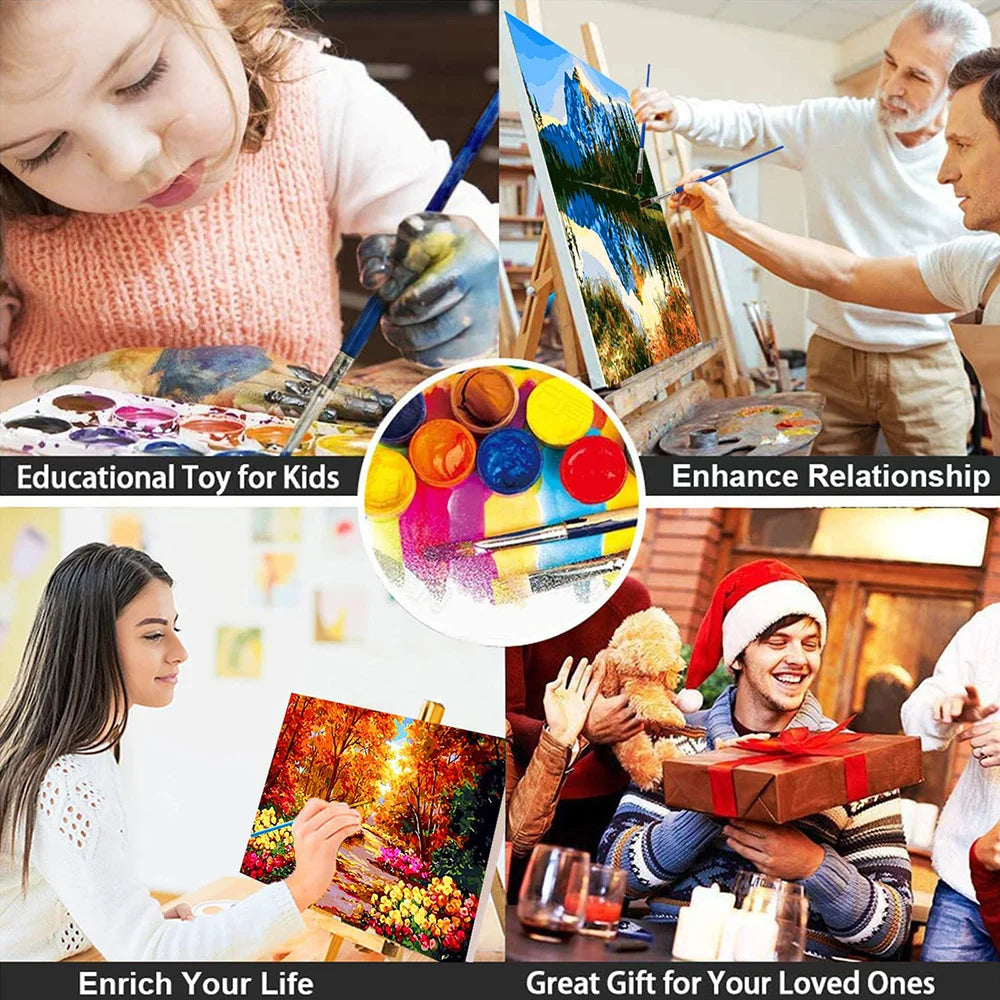 A collage showing various uses of a paint by numbers kit including educational toys, art for adults, and a gift.