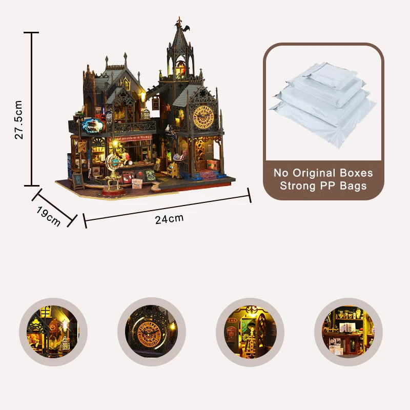 A wooden 3D puzzle dollhouse kit depicting a magical city castle with detailed architecture and figures.