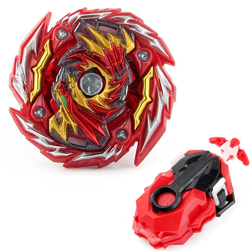 Red and gold metal spinning top battle set with a string launcher
