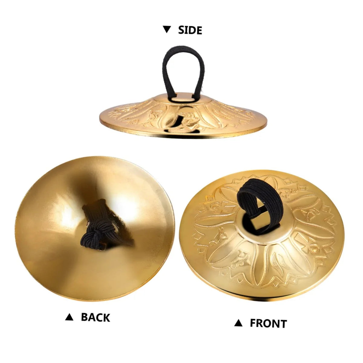 View of mini copper finger cymbals showing the side, back, and front views.