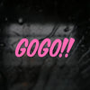 Pink text that reads GOGO!! is displayed against a dark, textured background.
