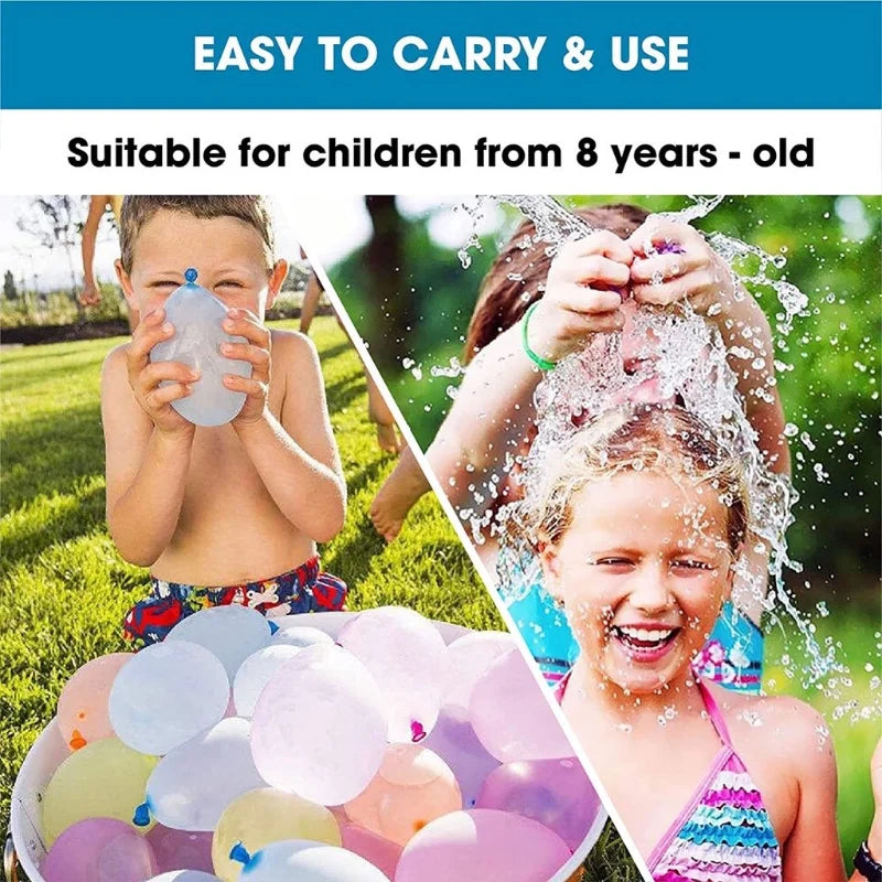 A girl is laughing while being sprayed with water from self-sealing water balloons outdoors.