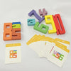 A set of wooden number building blocks and double-sided cards for early math learning, featuring numbers 1 through 9 and a ca