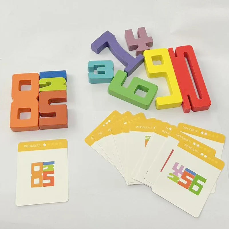 A set of wooden number building blocks and double-sided cards for early math learning, featuring numbers 1 through 9 and a ca