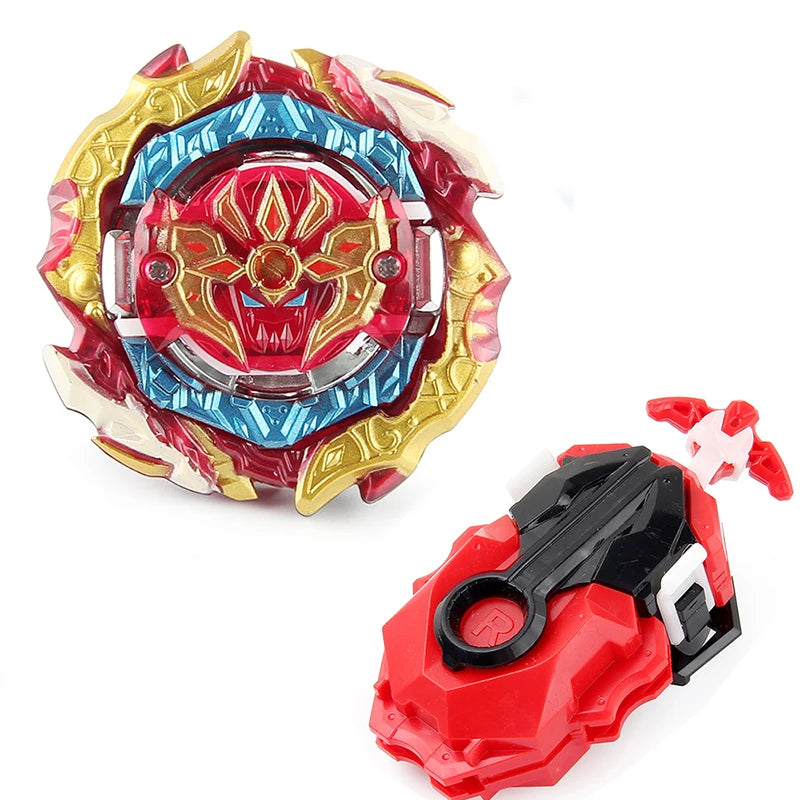 A metal spinning top battle set featuring a red and gold design with a blue center and a string launcher.