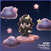 A collectible figurine of a black cloud character with a crescent moon and stars sitting on a pink platform against a dark bl
