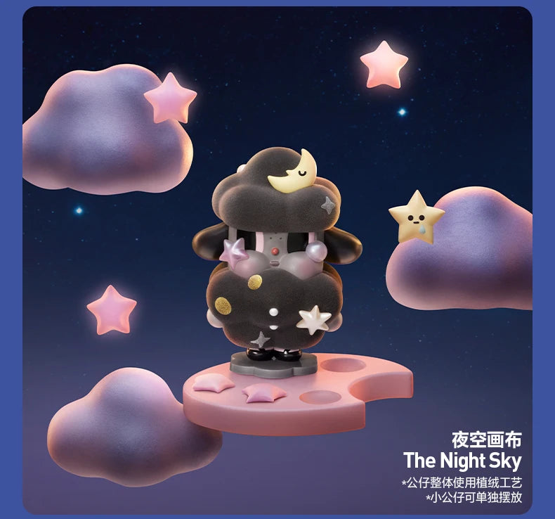 A collectible figurine of a black cloud character with a crescent moon and stars sitting on a pink platform against a dark bl