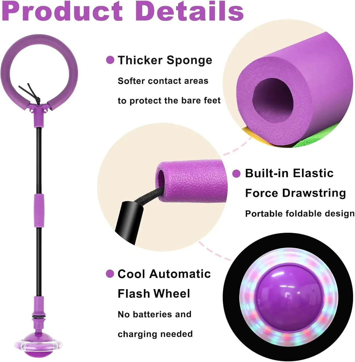 Purple glowing ankle skip ball with a handle and built-in elastic force drawstring for fitness fun