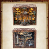 A detailed wooden miniature library model with an ornate dome and interior shelving, displayed in a framed picture.