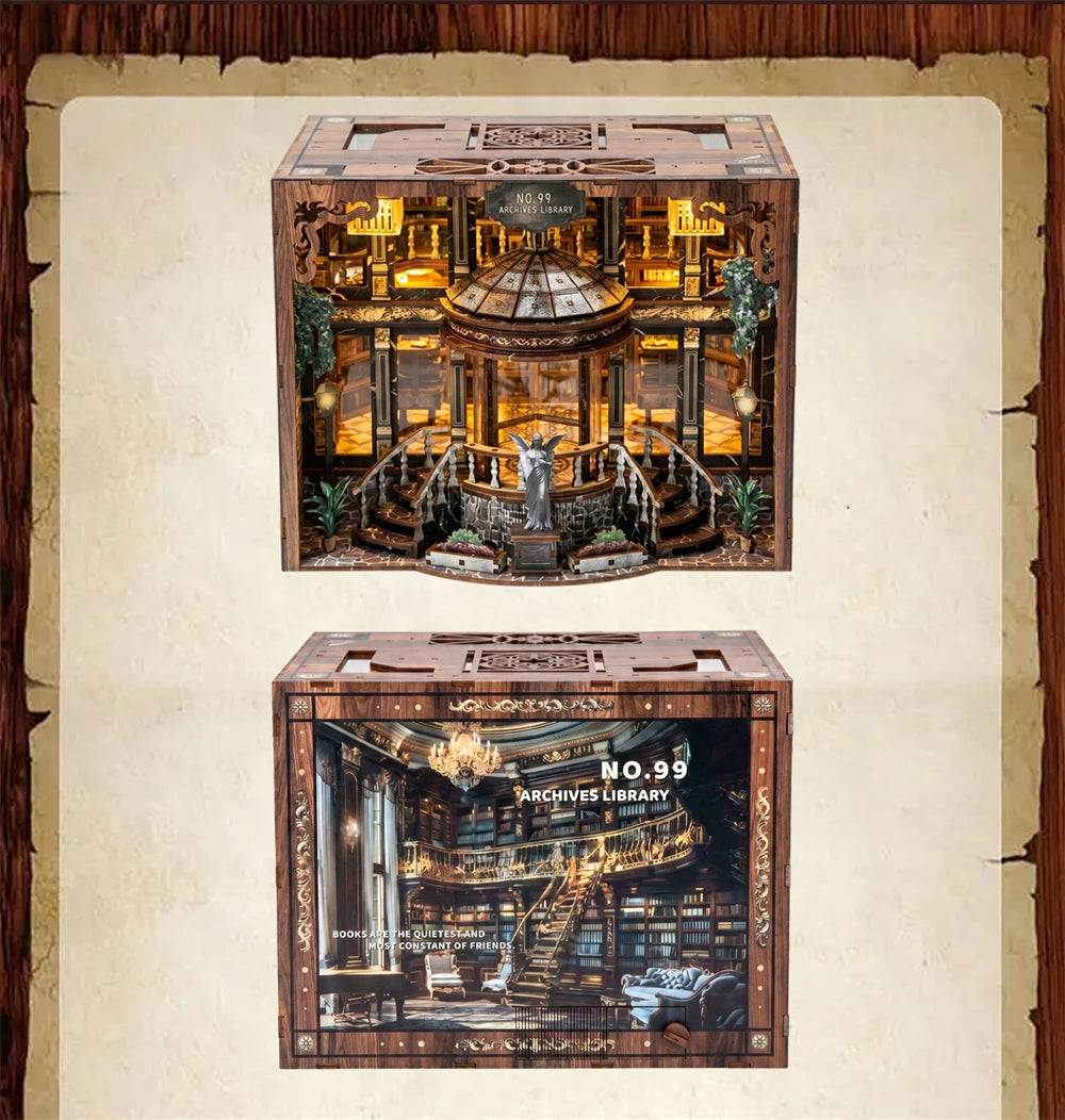 A detailed wooden miniature library model with an ornate dome and interior shelving, displayed in a framed picture.