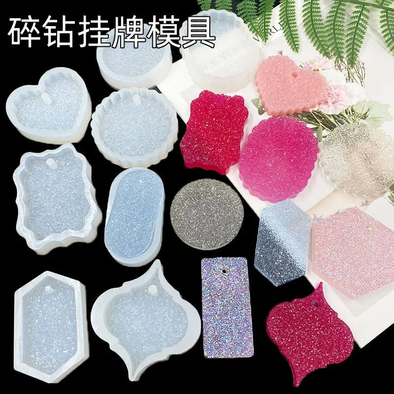 A collection of flexible silicone resin molds in various shapes and colors including heart, round, oval, and rectangle for DI